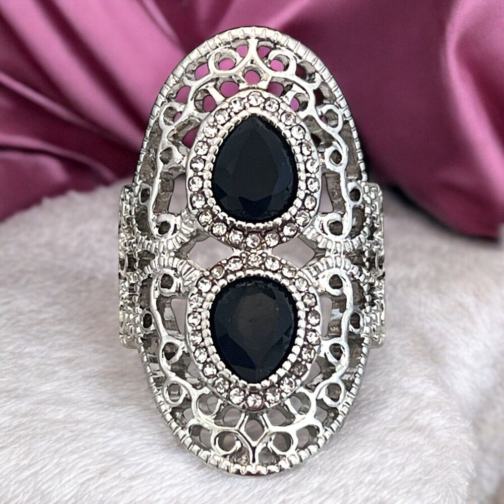 New Silver Tone Ring Size 7 Black Crystals Clear Accents - 9W